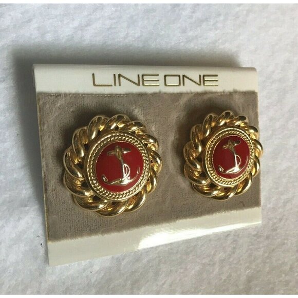 Vintage Anchor Pierced Earrings Line One Gold Red - Picture 2 of 6